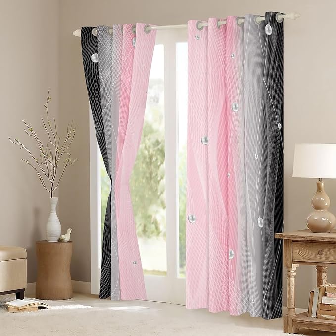 jejeloiu Pink and Black Darkening Drapes Strip Lines Curtains for Bedroom for Kids Women Men Ombre Pearl Printed Blackout Curtains Geometric Window Treatments(2 Panels, 42 x 90 Inch)