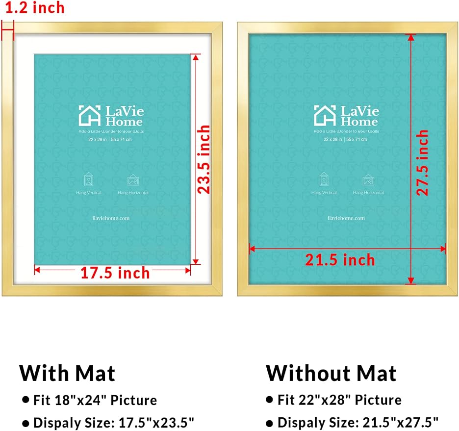 LaVie Home 22x28 Picture Frame Gold Poster Frame,Display Pictures 18x24 with Mat or 22x28 Without Mat, Stable and Sturdy Frame and Polished Plexiglass, Horizontal and Vertical Format of The Walls