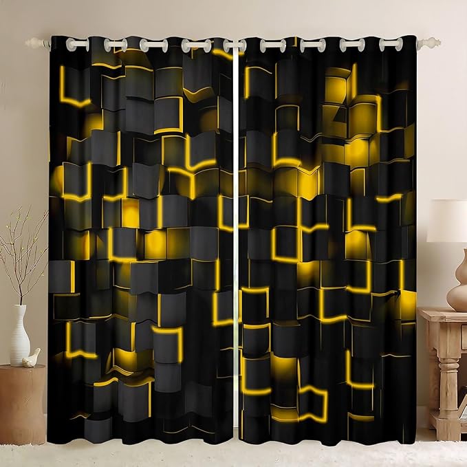 Feelyou Yellow and Black Darkening Drapes (2 Panels, 52 x 90 Inch) Light Geometric Curtains for Bedroom Living Room Girls Decor Blackout Curtains Modern Style Window Treatments