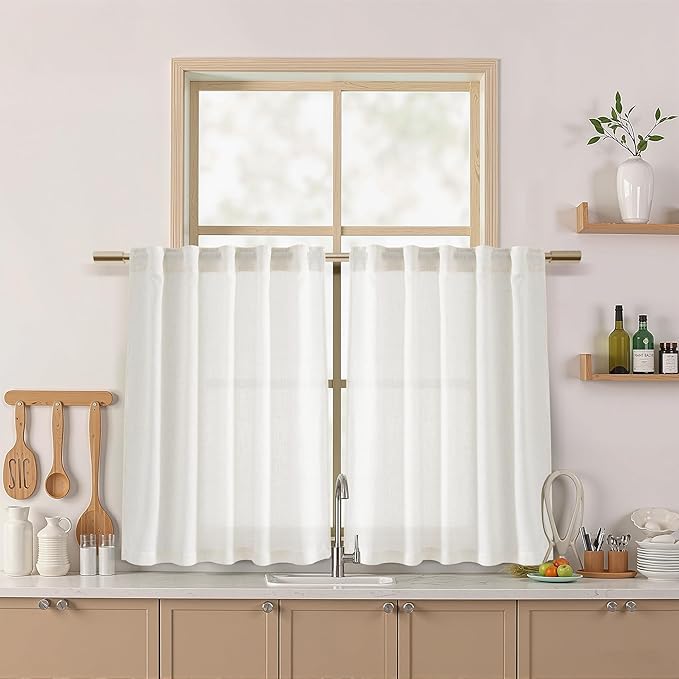 Nanspring Beige White Linen Curtains 36 Inch Length Cortinas para Cocina Kitchen Semi Sheer Short Curtains for Half Window Back Tab Rod Pocket Cafe Basement Small Curtain 36 x 36 Inch, 2 Panels