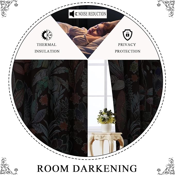 Estelar Textiler Brown Boho Leaves Printed Blackout Curtains 72 inch Length 2 Panels Set,Farmhouse Room Darkening Thermal Insulated Window Grommet Curtains for Bedroom Living Room,52Wx72L