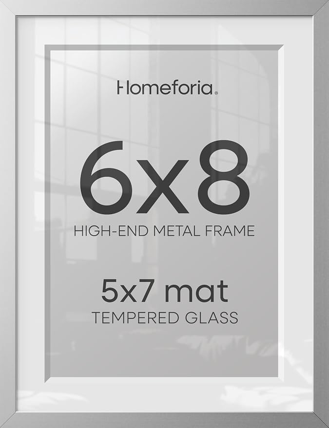 Homeforia Silver Photo Frame 6x8, High End Metal 6 x 8 Silver Picture Frames with Mat 5 x 7, 6by8 Desk Frame Matted to 5x7 inch Art, 6 by 8 Wall or Tabletop Frames, Tempered Glass, Wall Kit, Set of 2