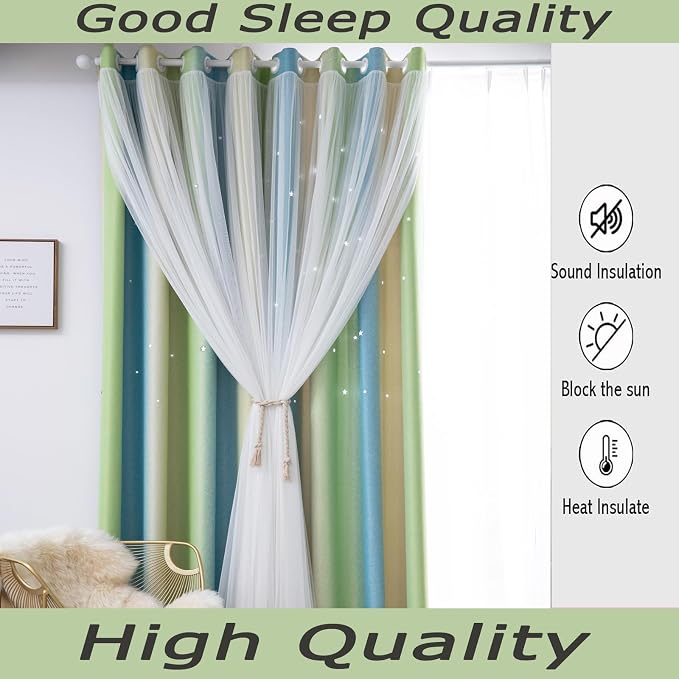 Yellow Green Blackout Curtains 96 inches Long for Kids Rooms 2 Panels, Privacy Light Filtering Cute Drapes, Thick Grommet Nursery Star Princess Curtains for Glass Door Bedroom