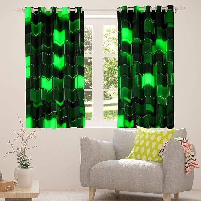 Castle Fairy 3D Green Block Window Curtain | Video Games Window Drapes for Teens Woman Men Miners Gaming Bedroom Curtains Pixel Geometric Grid Living Room Decor Top 2 Panels,52Wx96L