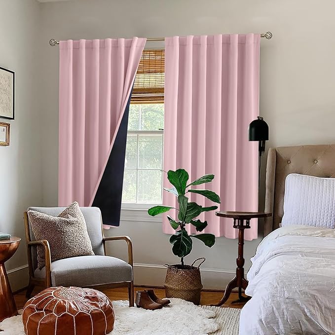 BGment Full Blackout Curtains with Thermal Insulation Liner Curtains 63 Inches Long, Rod Pocket and Back Tab Double Layer Room Darkening Window Curtain for Bedroom(52 x 63 Inch, 2 Panels, Pink)