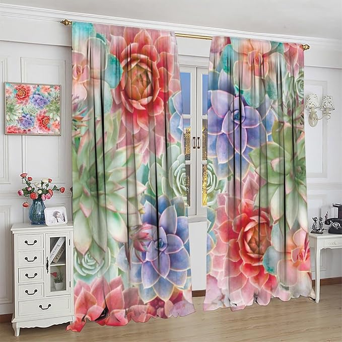 Boho Cactus Floral Curtain Tropical Colorful Succulent Plants Beautiful Flower Retro for Home Kitchen Restaurant Decoration Drapes 2 Panels 63x72in