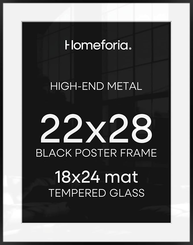 Homeforia 22x28 Poster Frame Black, High End Metal 22 x 28 Large Picture Frames with Mat 18 x 24 for Photo, 22x28 Thin Frame Matted to 18x24 inch Print, 28x22 Frame, Tempered Glass, Wall Kit, Set of 2