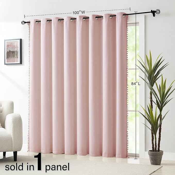 Pink Sliding Door Curtains 100x84inch Length 100% Blackout Extra Wide Pom Pom Room Divider Curtain Panels Thermal Insulated Patio Door Curtains for Kids Nursery Room 1 pc Blush Pink Grommet Top