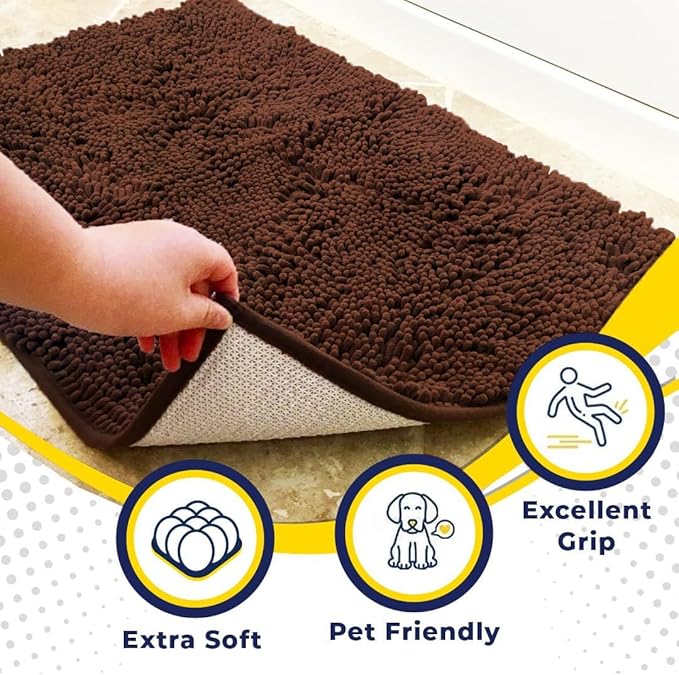 Muddy Mat® | Super Water Absorbent Door Mat Indoor, Microfiber Quick Dry Chenille Entryway Rug, Slip Resistant Front Door Mat, Indoor Mats for Entryway, Machine Washable Pet Rug, Brown 24"x120"