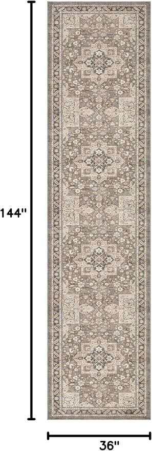 Vintage Hallway Runner Rug 3x12: Large Soft Washable Entryway for Kitchen Laundry Room Non-Slip Backing Runner for Entrance Living Room Bedroom Bathroom - Brown