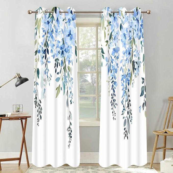 Blue Watercolor Floral Curtains, Botanical Leaves Vine Flowers Curtain, Rustic Farmhouse Flower Leaf Blackout Window Treatment Drapes for Bedroom Living Room 42x72 inch, 2 Panels