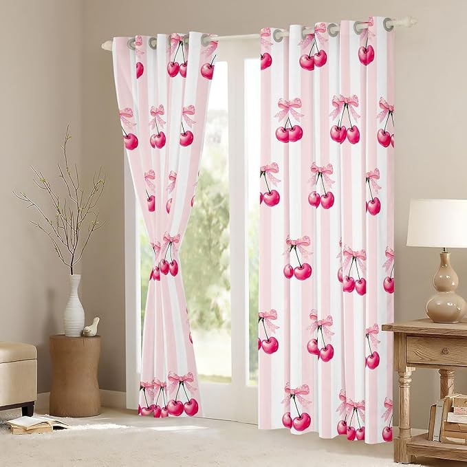 Feelyou Pink Girls Bow Curtains for Bedroom Living Room (2 Panels, 52 x 96 Inch) Kawaii Cherry Prints Darkening Dreapes Boys Teens Decor Bow Blackout Curtains Cute Bowknot Window Treatments