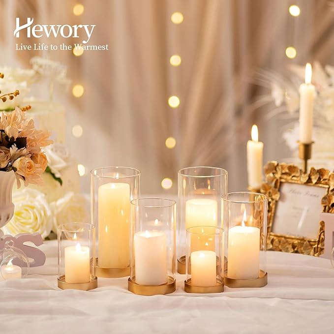 Hewory Hurricane Candle Holder for Pillar Candles: Gold Votive Candle Holders Set of 3, Glass Hurricane with Metal Candle Plate, Pillar Candle Holder for Table Centerpiece Wedding Holiday Home Decor