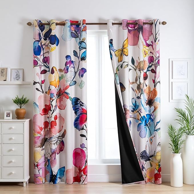 Pink Floral 100% Blackout Curtains 63 inch Length 2 Panels Black Out Drapes Colorful Butterfly Vintage Flower Pattern Thermal Insulated Window Treatment Curtain for Bedroom Living Room 52 x 63 Inch