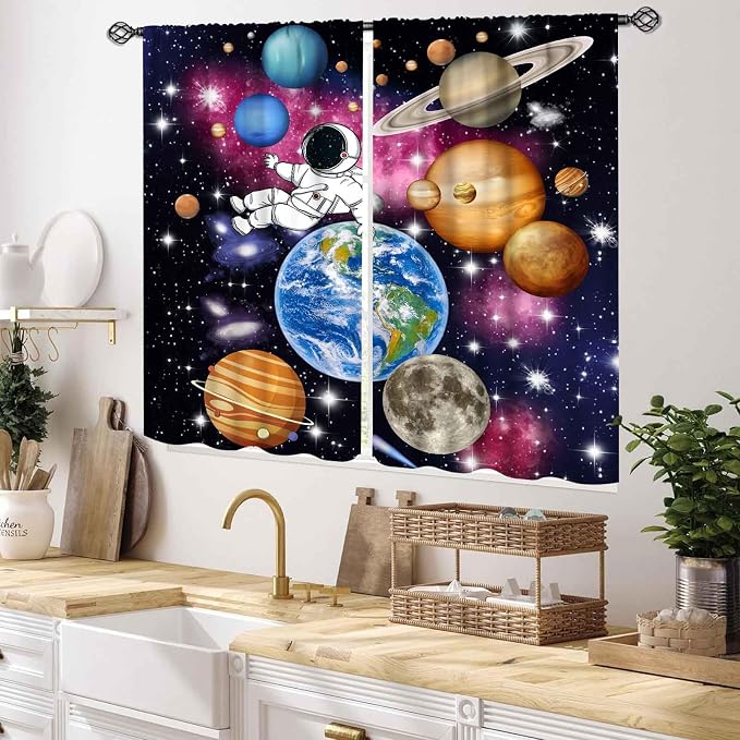 Galaxy Curtains for Bedroom, Solar System Universe Outer Space Planet Astronaut Blackout Window Drapery Treatments for Kids Boys Room Living Room Nursery Playroom 2 Panels, 55x39 Inch