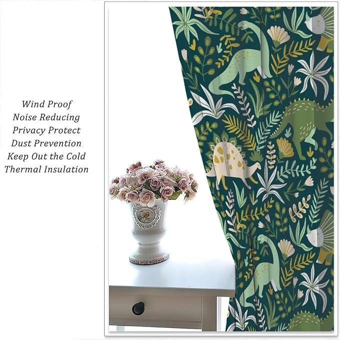 YCness Tropical Dinosaur Curtains for Boys Girls Children Nursery Playroom Room Decor Cute Cartoon Dino Flowers Art Printed Window Drapes Decor Fabric Set 2 Panel 55x63 Inch 80% Shading Rate