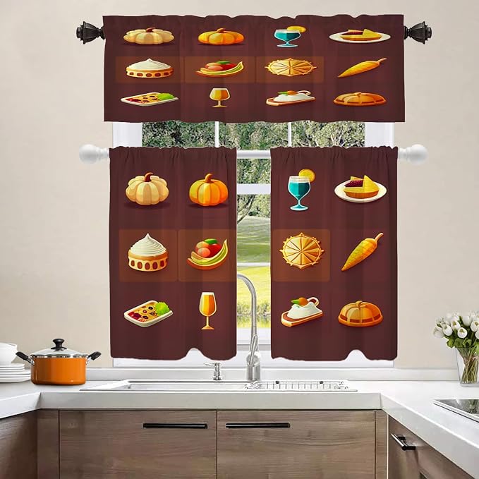Shrahala Happy Thanksgiving Day Blackout Curtain Tiers, Pumpkin Turkey Bird Leaves Kitchen Valance Light Blocking Tier Drapes with Rod Pocket, 2 Pack 26 X 36 in