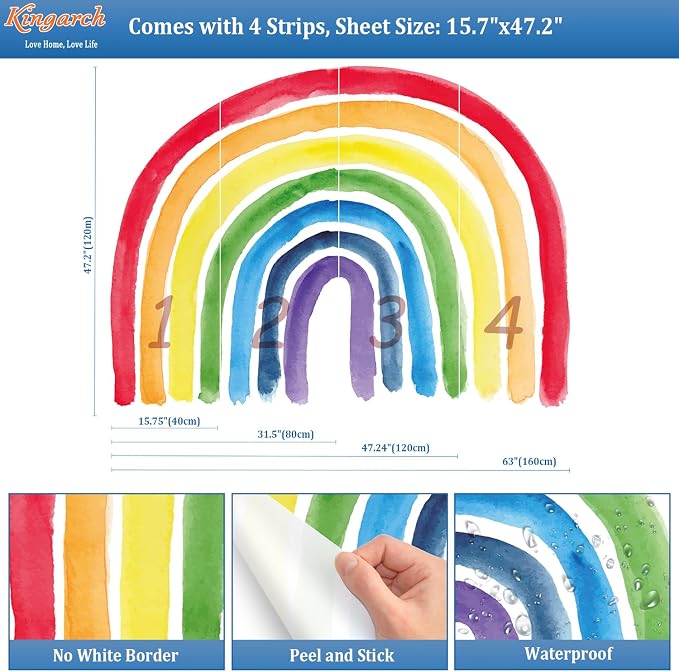 Large Boho Rainbow Wall Decals, Colorful Peel and Stick Fabric Nursery Wall Decor, Removable Home Room Wall Decor Murals Stickers for Kids Girls Toddler Bedroom Living Room Playroom