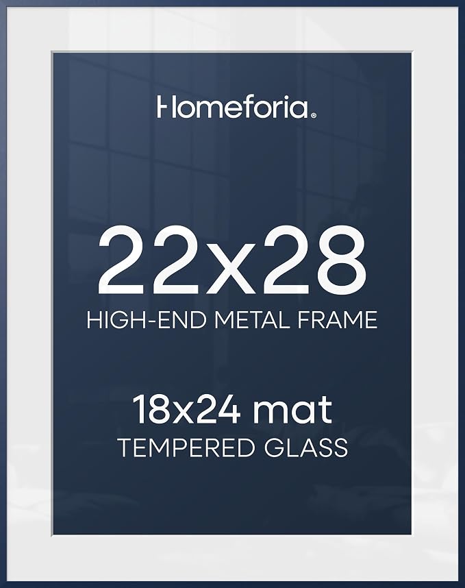 Homeforia 22x28 Navy Blue Picture Frame, High End Metal 22x28 Poster Frames with Mat 18x24 inch Photo, 22 x 28 Thin Frame Matted to 18 x 24 Print, 28x22 Large Frame, Tempered Glass, Wall Kit, Set of 2