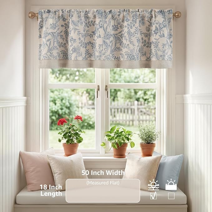 jinchan Linen Valance Curtain Farmhouse Floral Printed Small Window Curtain for Kitchen Rustic Country Light Filtering Valance for Living Room Bedroom Bathroom 18 Inch Rod Pocket 1 Panel Blue on Beige