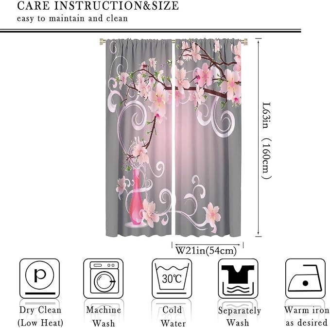 Cherry Blossom Curtains,Pink Flower Japanese Floral Print Window Treatments for Bedroom Living Room Kitchen Polyester Fabric Window Drapes 2 Panels Set,Total Size 42 x 63 Inch