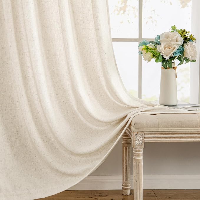MIULEE Non-See-Through Privacy Linen Curtains 2 Panels, Light Filtering Window Curtains Farnhouse Textured Back Tab Semi Sheer Drapes for Bedroom Living Room, 52 x 63 Inches Long, Ivory