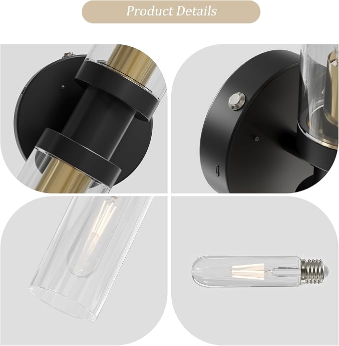 Rayogale Black & Gold Wireless Battery Operated Wall Sconce with Remote | Dimmable Rechargeable Wall Lights Set of 2, Timer, No Hardwire, Touch Control, 8000mAh, 3000K, Glass, Emergency, 16.5 Inch