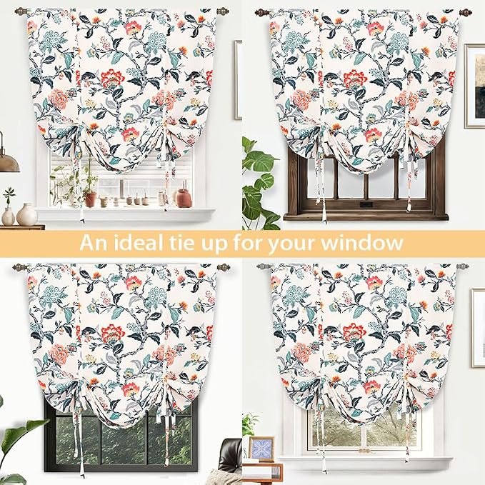 DriftAway Ada Floral Botanical Print Flower Leaf Lined Thermal Insulated Room Darkening Blackout Tie Up Window Curtains 2 Layers Each 45 Inch by 63 Inch Ivory Orange Teal