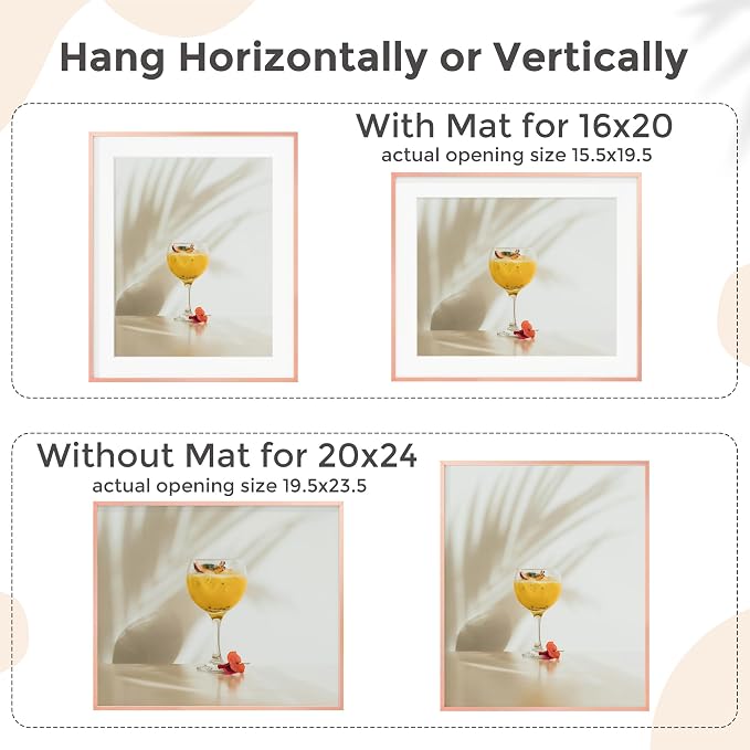 20x24 Metal Picture Frame for Wall With Mat for 16x20, 20''x24'' Aluminum Photo Frames With Tempered Glass for Home Decor, Minimalist Modern Poster Frame Horizontal And Vertical Formats, Rose Gold