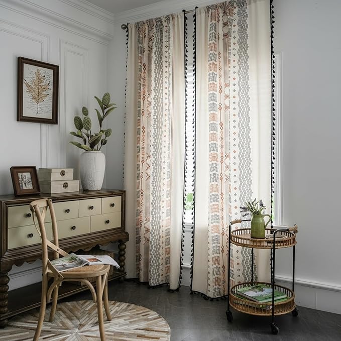 ColorBird Boho Curtains 2 Panels Orange Patterned Window Treatment Striped Geometric Aztec Western Curtain & Drapes for Living Bedroom Dining Room 63 Inch Length Boho Chic Deco