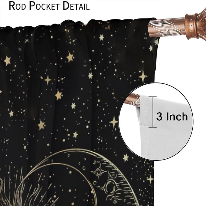 Sun Moon Blackout Windows Curtains, Golden Sun Moon and Stars Black Sky on Bohemian Style Curtains, for Living Room Bedroom 42x54in 2 Panels