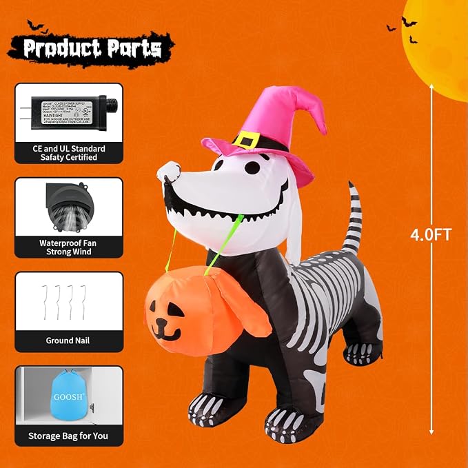 GOOSH 5.5 FT Halloween Inflatables Outdoor Decorations Skeleton Puppy Inflatable Yard Decoration with Build-in LEDs Blow Up Pumpkin for Halloween Party Indoor Outdoor Yard Garden
