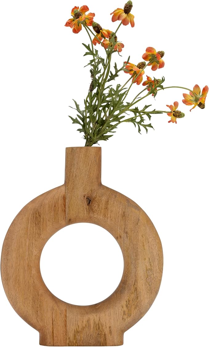 Mango Wood Vase, Modern Donut Vase Design – Accent for Sculptural Display, Decorative Modern Flower Vase – Flower Holder for Stems or Greenery, Living Room or Office Shelf, Home Decor – 14", Brown