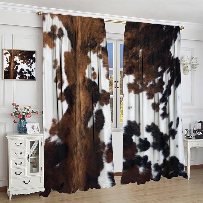 Cow Print Blackout Curtain,Brown White Cowhide Animal Fur Western Rustic Farmhouse Style Window Treatments Rod Pocket Curtain for Bedroom Living Room Kitchen Decor Drapes 55x63in