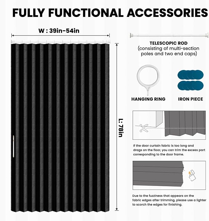 AJAZZ Blackout Accordion Door Sets Included Rod (1 Pack, 54W x 78 L, Black) Invisible Accordion Doors Interior Magnetic Door Curtain for Bedroom Living Room Doorway Curtain