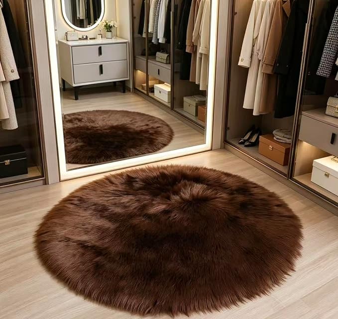 Faux Fur Rug 3 x 3 ft Round Coffee Shaggy Sheepskin Rug Soft Fluffy Plush Carpet Fuzzy for Bedroom Living Room Floor Nursery Kids Room Bedside Rugs