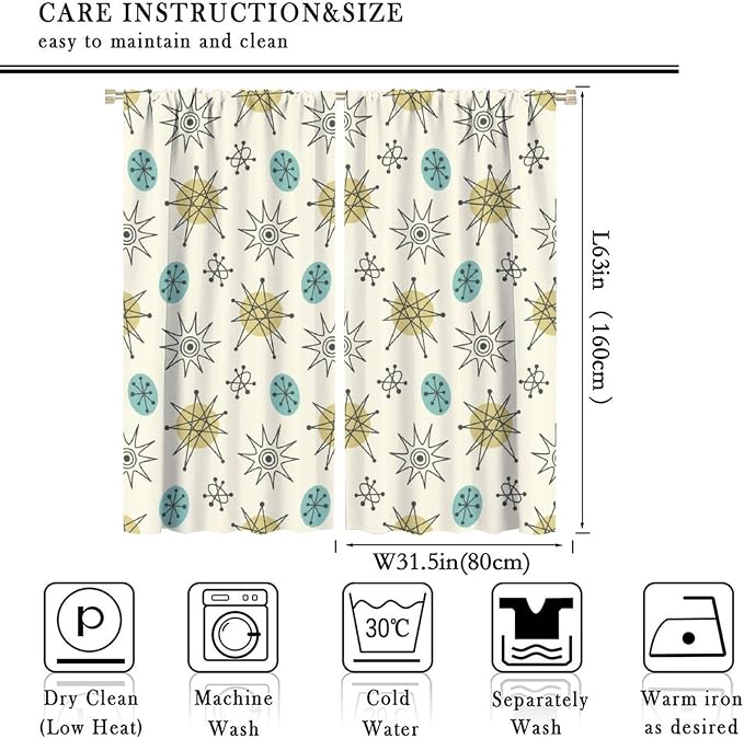 JESTRONRY Mid Century Modern Curtains. Retro 1950s Vintage Style Atomic Background Home Fabric Living Room Bedroom Kitchen Bathroom Decor 63x63in