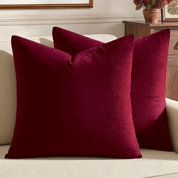 MIULEE Pack of 2 Velvet Soft Solid Decorative Square Throw Pillow Covers Cushion Case for Sofa Bedroom Couch,20x20 Inch Wine Red