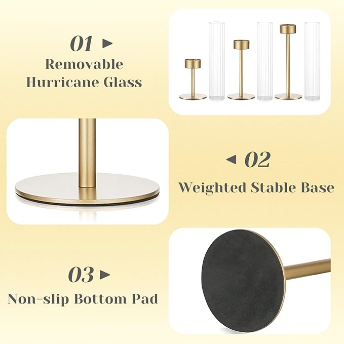 Hewory Gold Hurricane Candle Holder: 6PCS Candlestick Holders for Decor | Ribbed Glass, Brass Taper Candle Holders at 3 different heights, for Table Centerpiece Wedding Party Christmas Decorations
