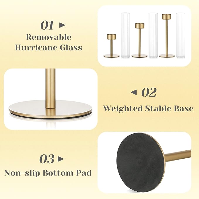Hewory Gold Hurricane Candle Holder: 3PCS Candlestick Holders for Decor | Ribbed Glass, Brass Taper Candle Holders at 3 different heights, for Table Centerpiece Wedding Party Christmas Decorations