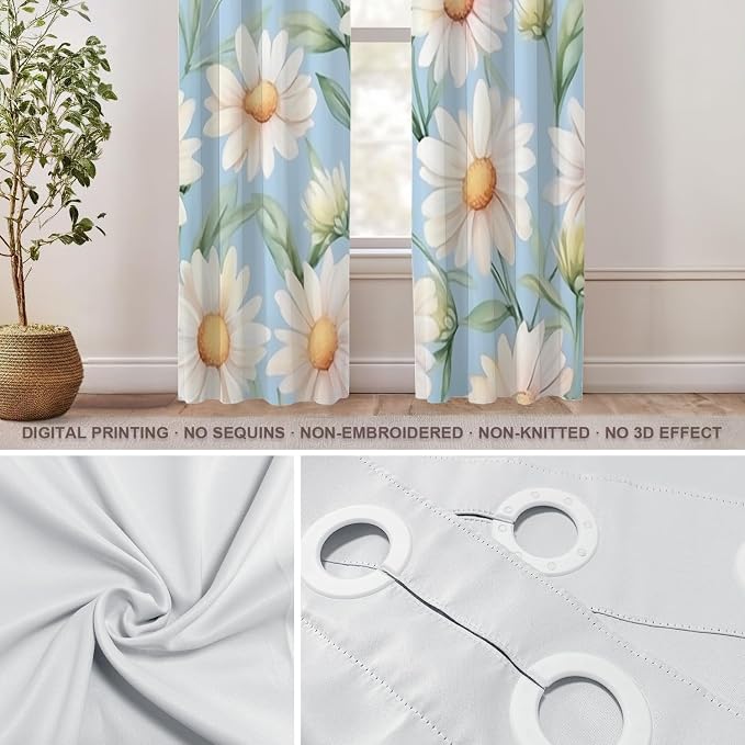 Shrahala Daisies Leaves Thermal Insulated Blackout Window Curtains, White Daisies On Blue Long Drapes for Bedroom/Living Room with Plastic Grommet, 52X84 Set of 2