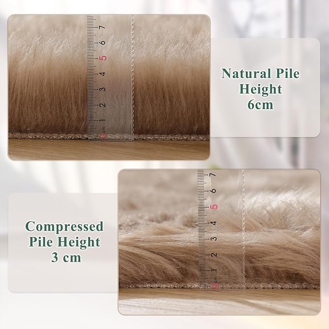ORINOVA Beige 3ft Round Fluffy Shaggy Rug Washable Soft Area Rug for Living Room Bedroom Cute Room Decor Circle Nursery Rug Faux Fur Carpet
