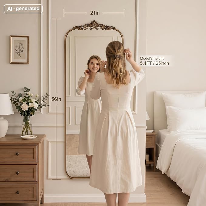 Vintage Gold Arched Full Length Mirror 56"x21" with Metal Frame | Ornate Baroque Design,HD Tempered Glass,Wall Mount,Antique Gold Finish