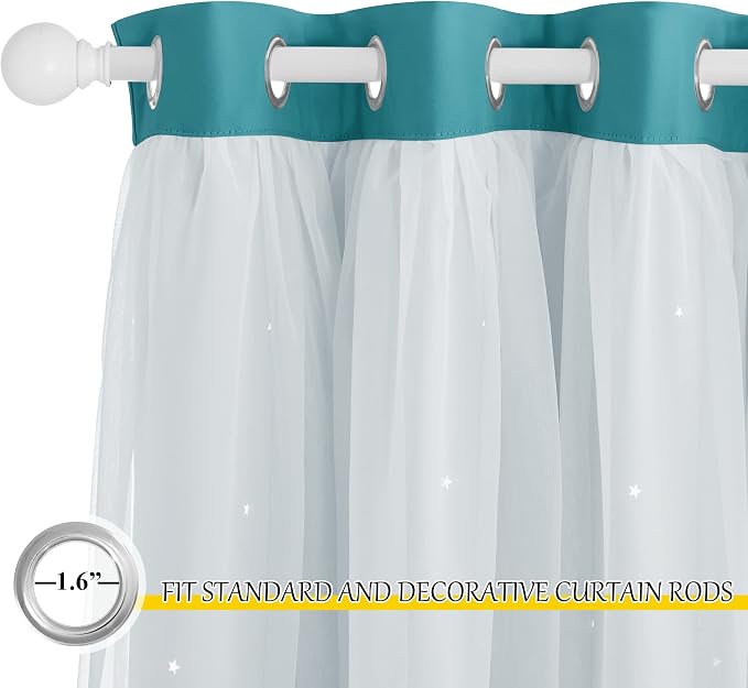NICETOWN Star Blackout Curtains for Kids Bedroom, Grommet Top Curtains for Nursery Living Room Double Layer Star Cut Out Bedroom Curtains Decor, Set of 2 Panels, 52 x 84 inches, Peacock Teal
