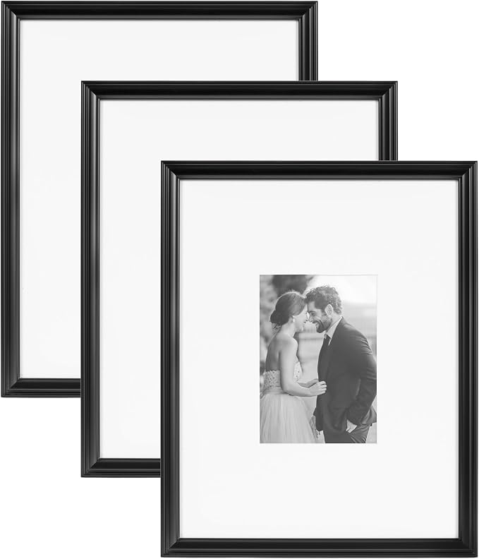 Kate and Laurel Adlynn Rectangle Picture Frame Set of 3; 11 x 14 matted to 5 x 7; Black; Modern Three-Piece Frame Set for Gallery Wall Frame Set in Living Room Wall Decor