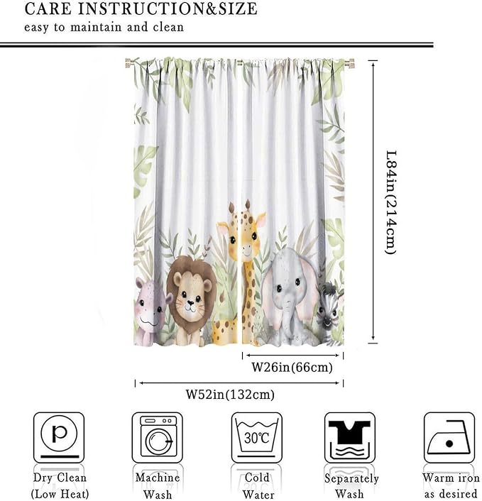 Nursery Curtains Jungle Safari Theme with Giraffe Print, Kids Room Classroom Decor, 52x84 Inches, 75% Blackout Fabric for Baby Nursery, Animal Cub Design, Easy Install & Machine Washable