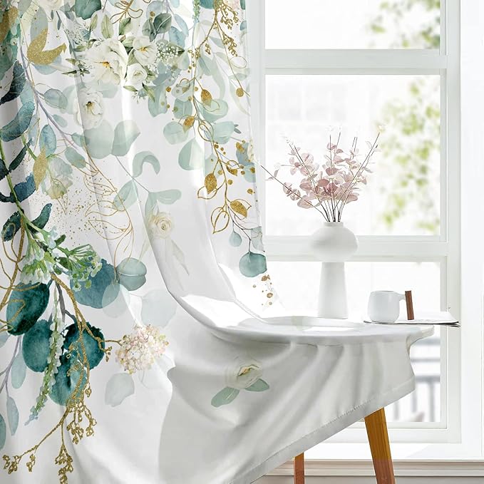Gold Green Botanical Curtains 96 Inches Long for Living Room Eucalyptus Leaves Light Filtering Curtains Sage Green White Floral Drapes for Bedroom Farmhouse Leaf Flower Printed Door Curtain