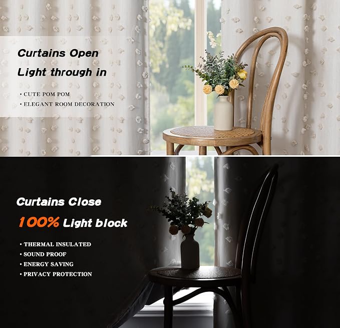 MYSKY HOME 100% Blackout Curtains for Girls Bedroom 90 Inch Long Total Room Darkening Curtain for Living Room 2 Panels Grommet Light Blocking Sliding Door Drapes Beige Pom Pom Sheer 52" x 90"