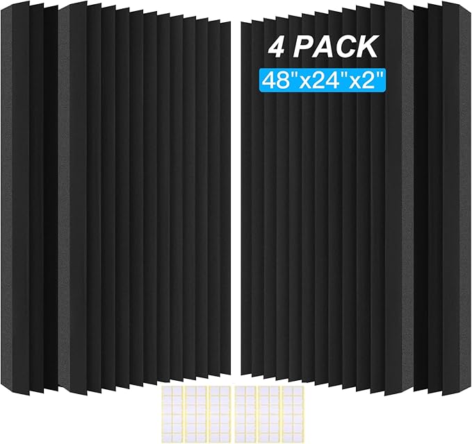 4 Pack Acoustic Foam Panels, 48 x 24 x 2" Sound Proof Foam High Density Studio Wedge Tiles Fire Resistant Acoustic Panels for Home Office, Recording Room, Studio (Black, Black 4 Pack)