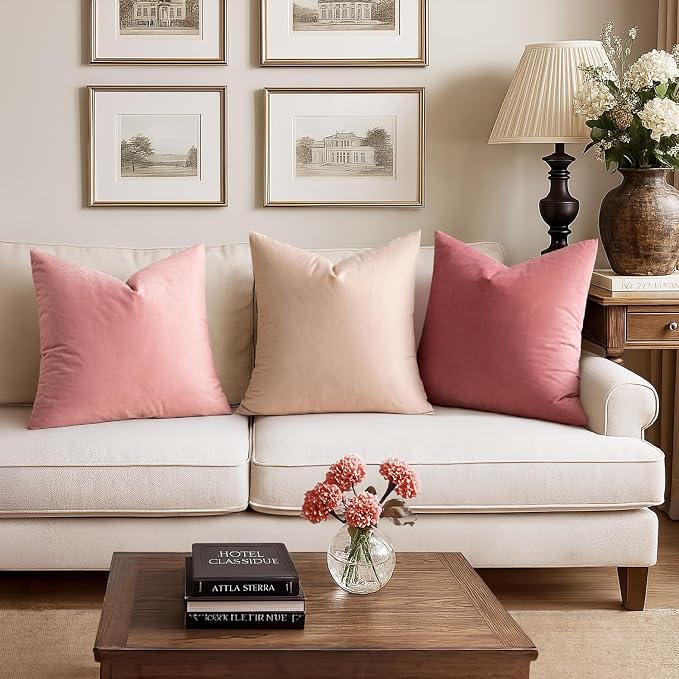 MIULEE 24x24 Inch Euro Sham Velvet Pillow Covers, Set of 2 Large Square Decorative Pillows -Dusty Pink Super Soft for King Bed, Sofa, Couch, Accent Chairs with Hidden Zipper